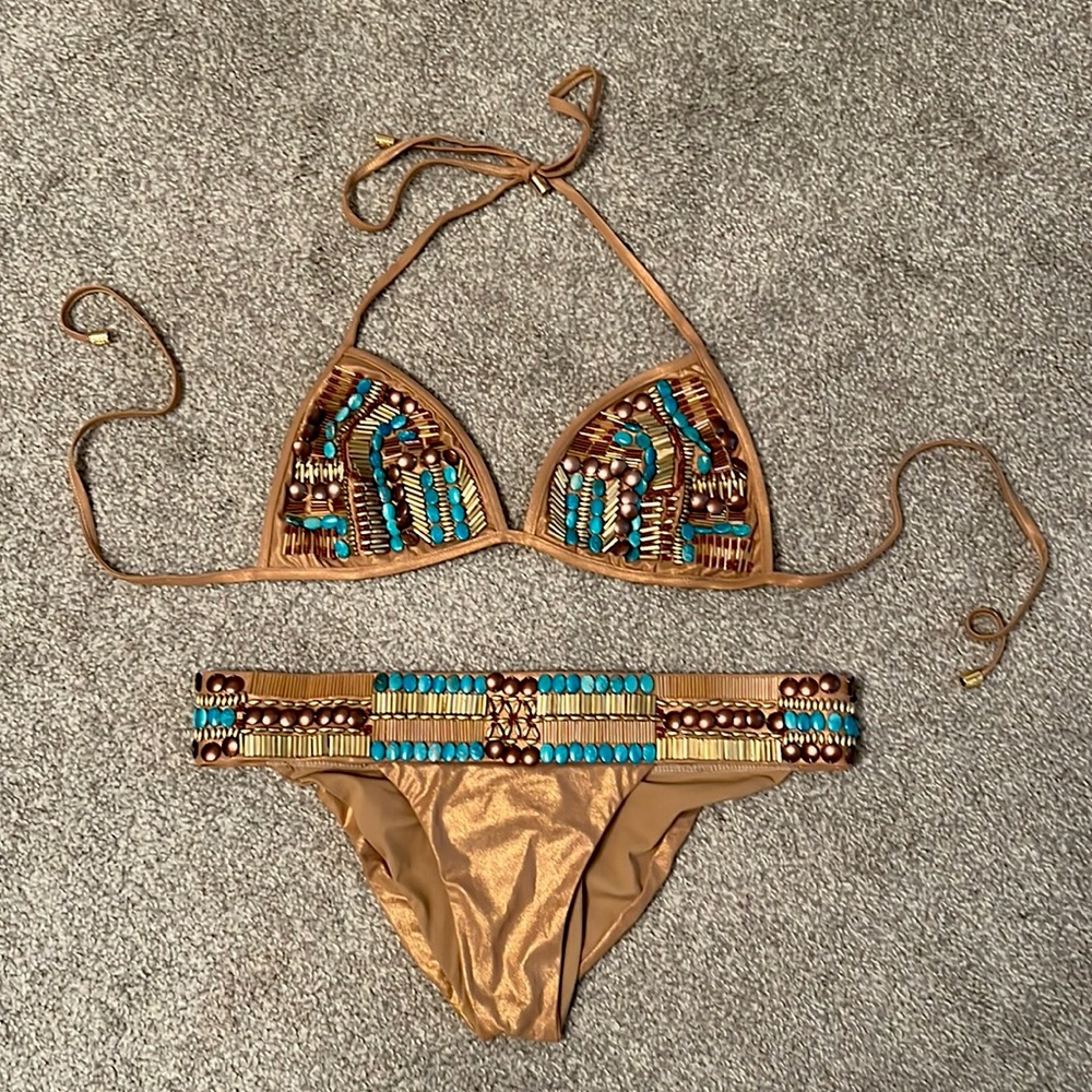 Stunning RARE retired bikini! Lightning in a bottle BRONZE beaded set sz s 🤎🦋